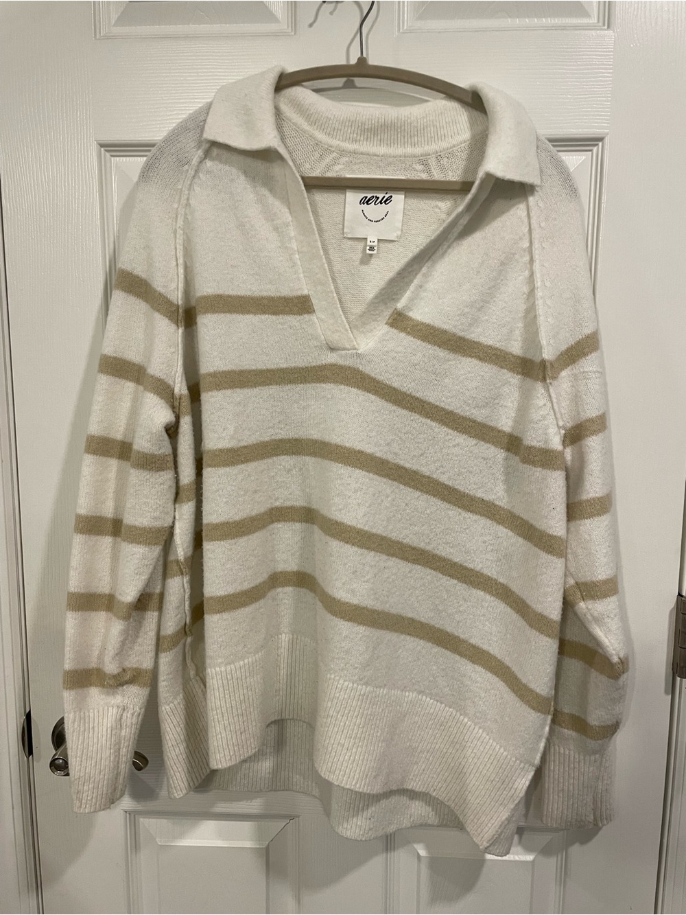 Aerie Cream & Tan Striped Collared V-Neck Sweater